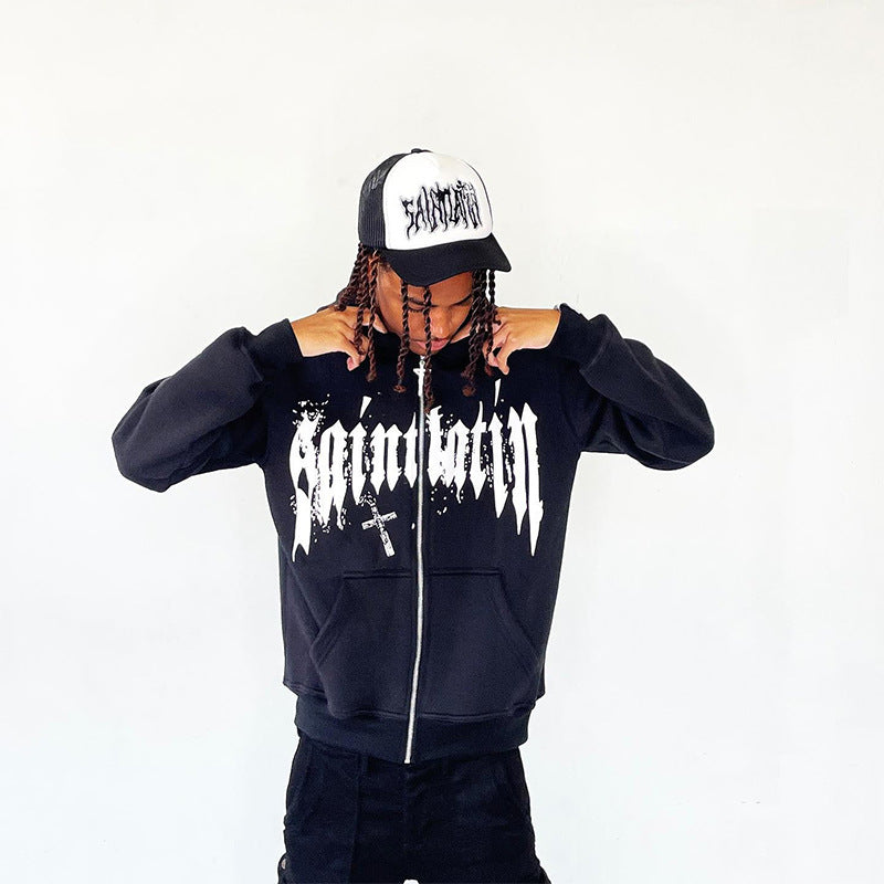 Hooded Sweatshirt with Foamed Print Trendy Letter Zipper Hoodie Long Sleeve Sweatshirt
