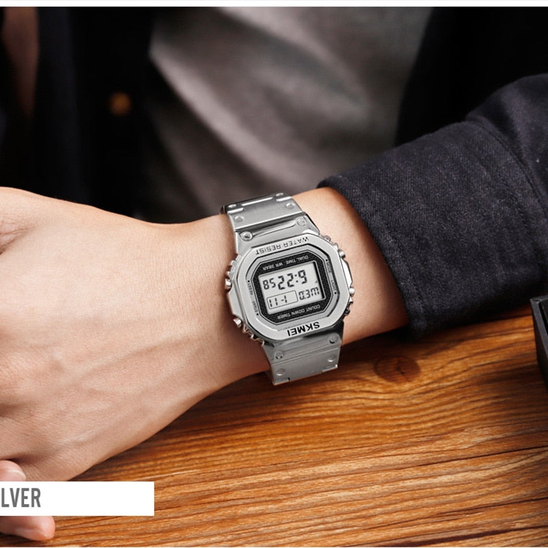 Skmei 1456 Men Digital Watch Stainless Steel Chronograph Countdown Wristwatch Shock LED Sprot Watch skmei montre homm