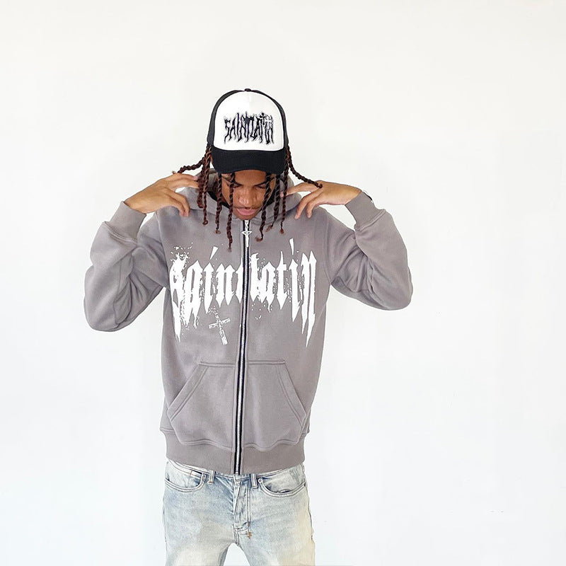Hooded Sweatshirt with Foamed Print Trendy Letter Zipper Hoodie Long Sleeve Sweatshirt