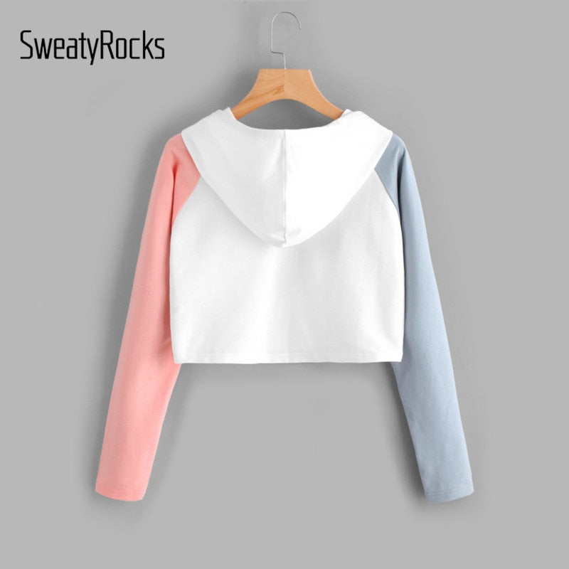 SweatyRocks Alien Print Contrast Sleeve Graphic Hoodie Women Patchwork Long Sleeve Crop Top Sweatshirt