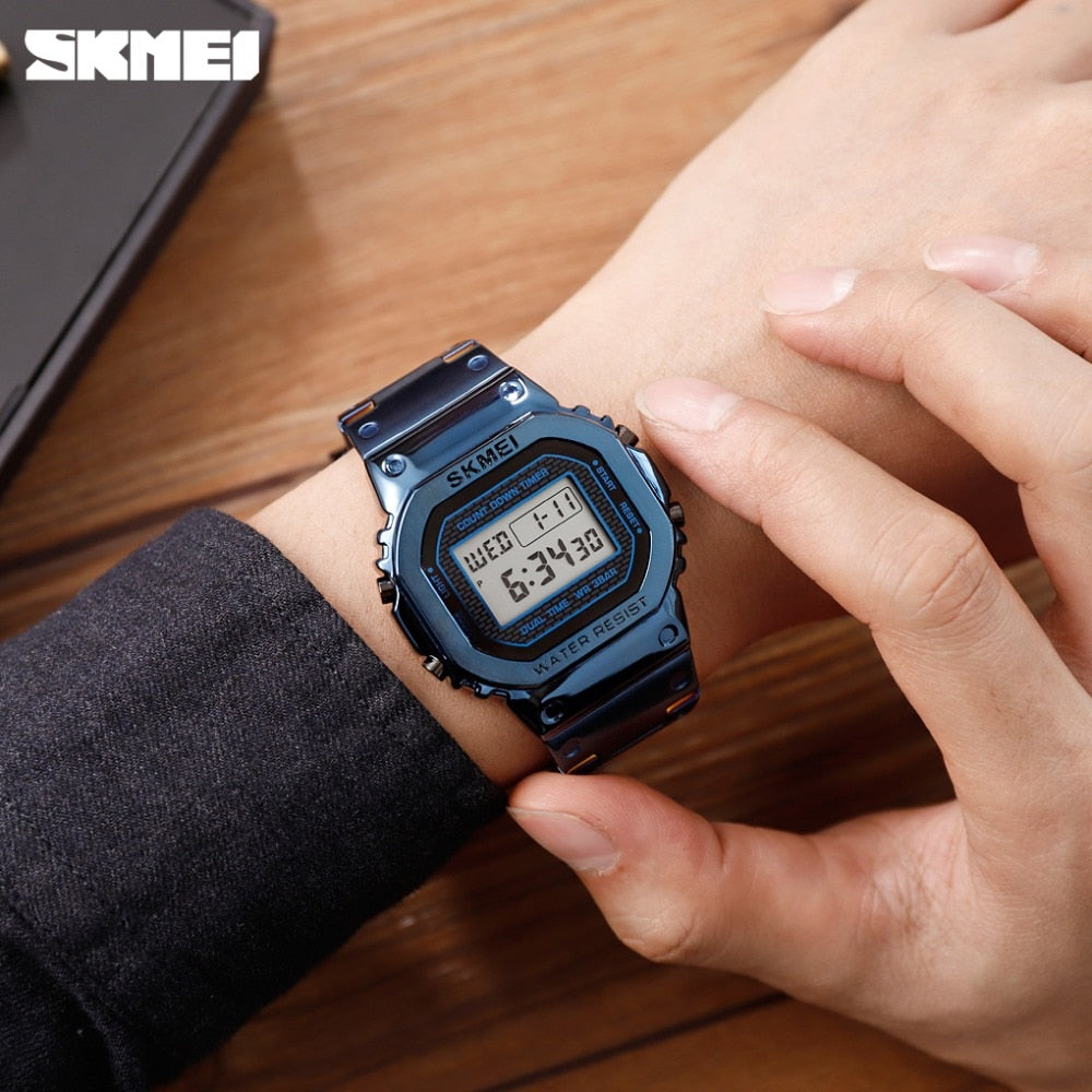 Skmei 1456 Men Digital Watch Stainless Steel Chronograph Countdown Wristwatch Shock LED Sprot Watch skmei montre homm