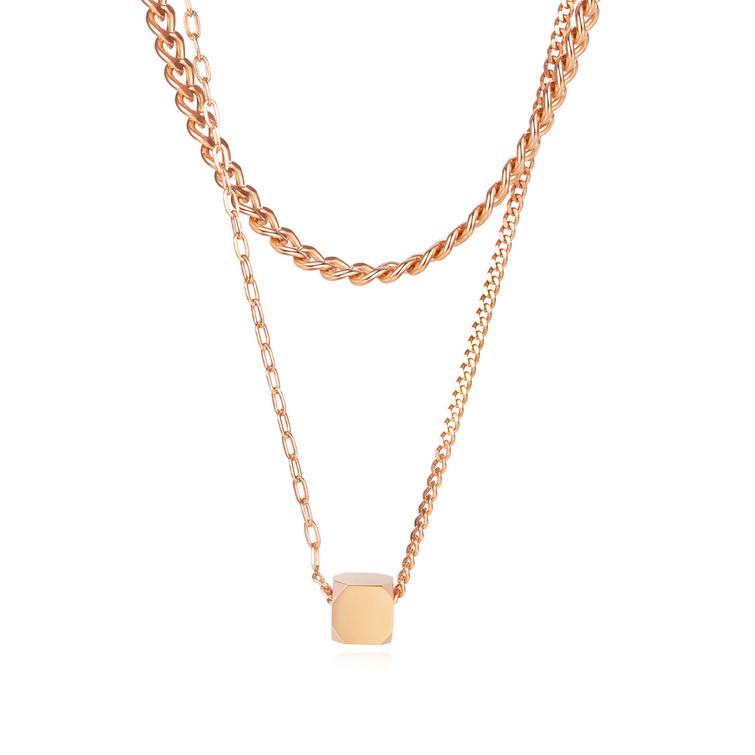 Hip-Hop Geometric Cube Pendant Fashion Stainless Steel Double Layered Necklace