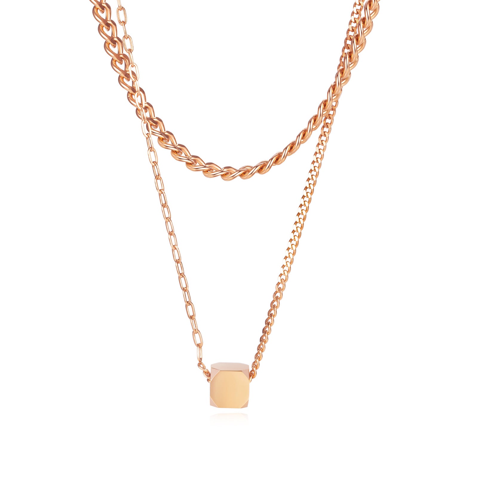 Hip-Hop Geometric Cube Pendant Fashion Stainless Steel Double Layered Necklace