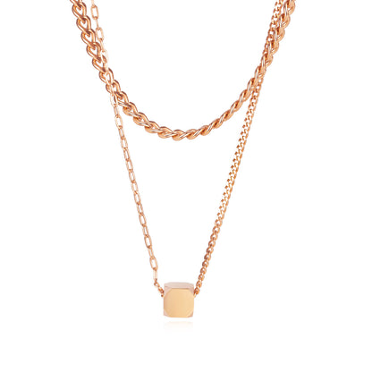 Hip-Hop Geometric Cube Pendant Fashion Stainless Steel Double Layered Necklace