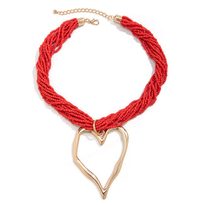 Exaggerated rice bead multi-layered heart-shaped pendant necklace personalized lava peach heart necklace accessory