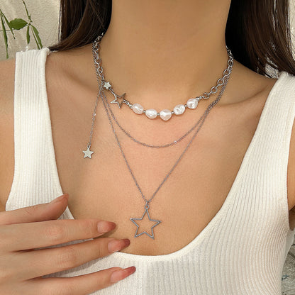 Cold style hollow out pentagram star shaped pendant with three layered necklace necklaces