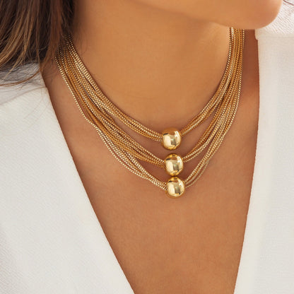 Exaggerated Metal Ball Pendant Necklace Personalized Multi layered Box Chain Retro Necklace for Women