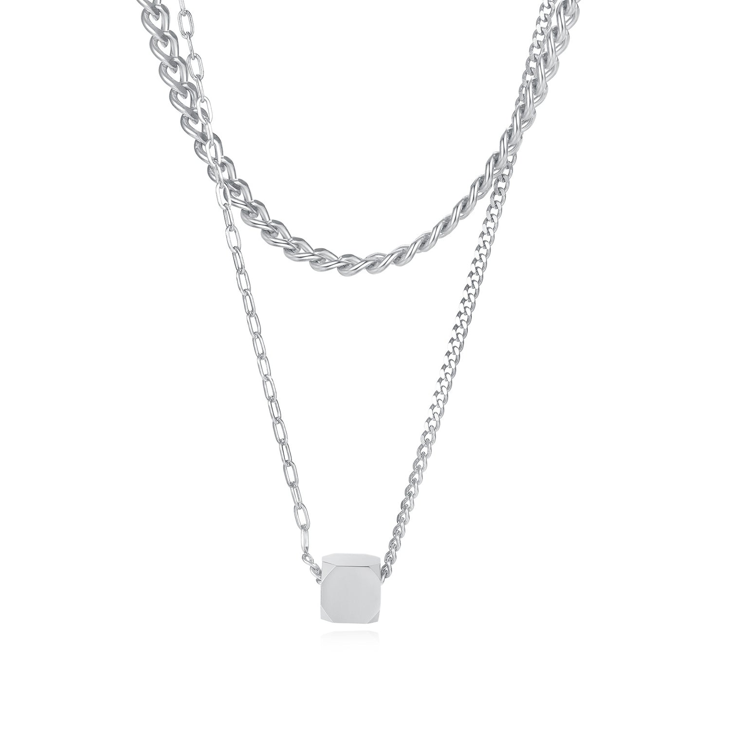 Hip-Hop Geometric Cube Pendant Fashion Stainless Steel Double Layered Necklace