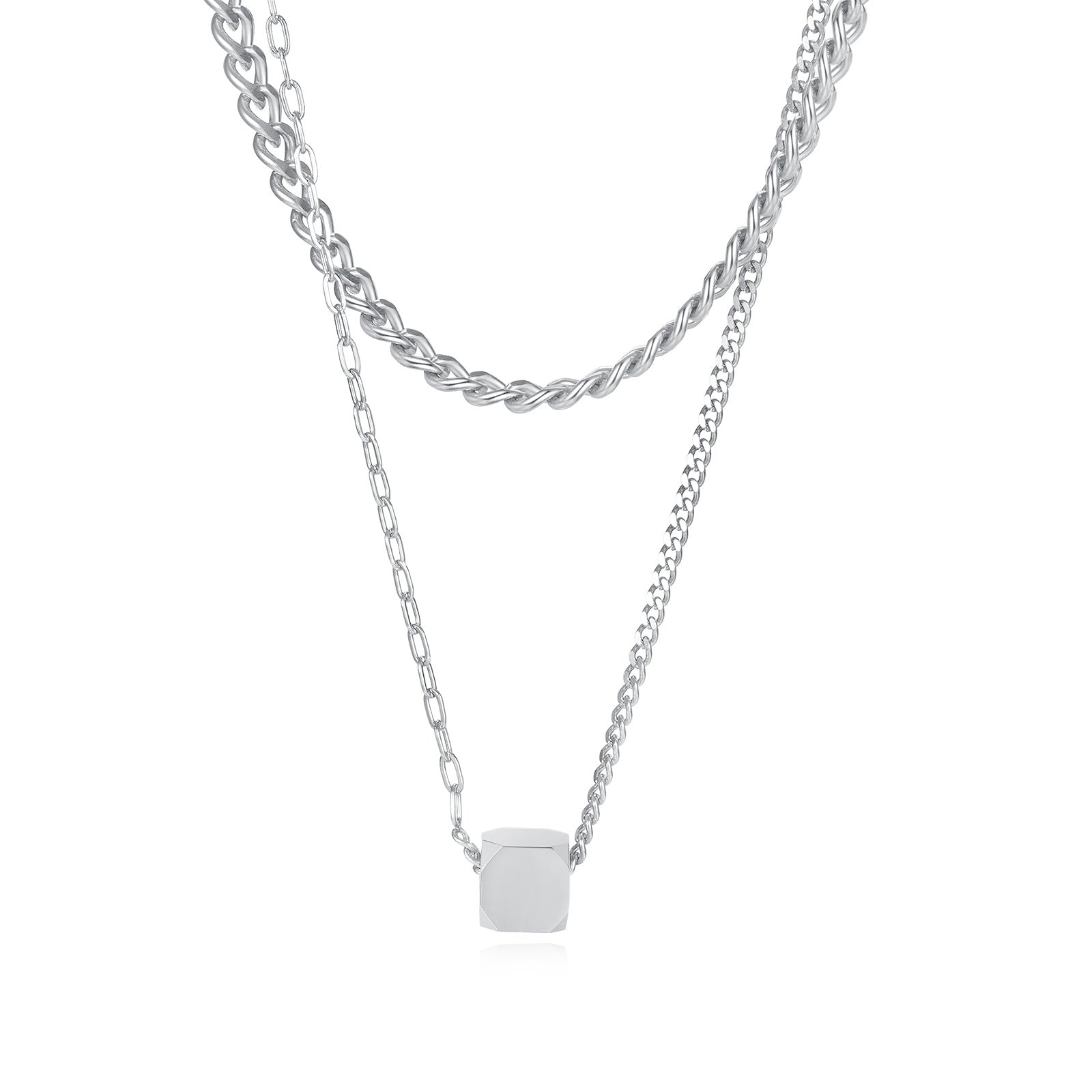 Hip-Hop Geometric Cube Pendant Fashion Stainless Steel Double Layered Necklace