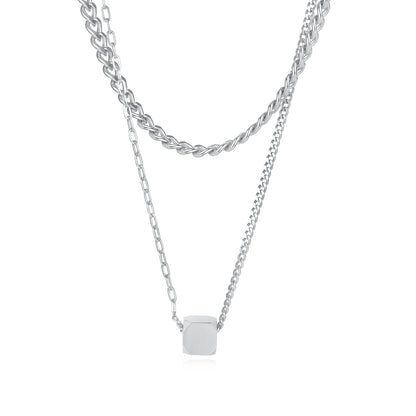 Hip-Hop Geometric Cube Pendant Fashion Stainless Steel Double Layered Necklace