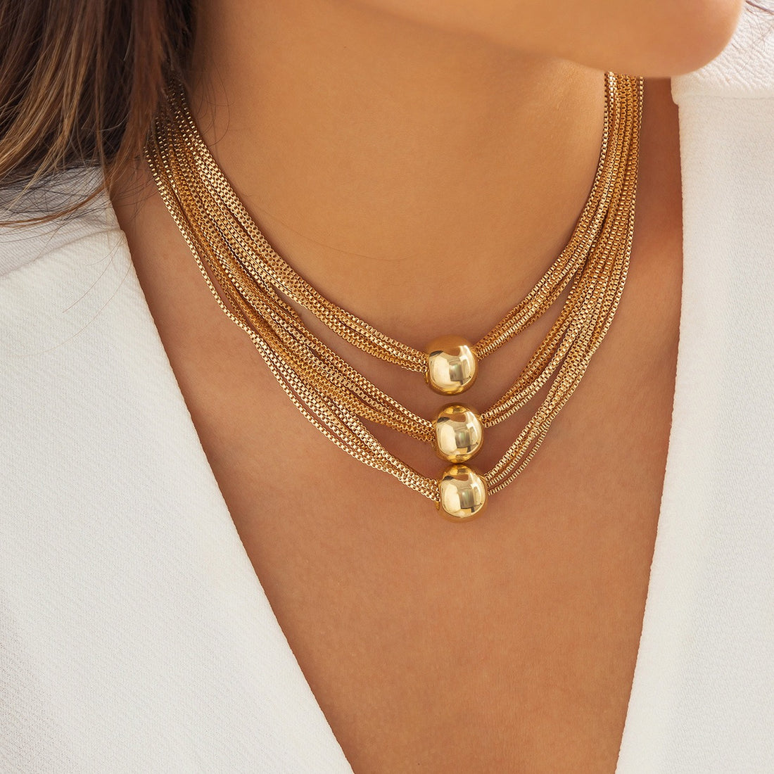 Exaggerated Metal Ball Pendant Necklace Personalized Multi layered Box Chain Retro Necklace for Women