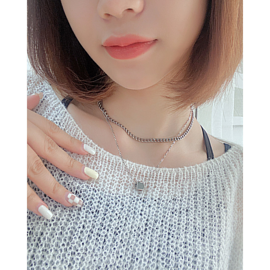 Hip-Hop Geometric Cube Pendant Fashion Stainless Steel Double Layered Necklace