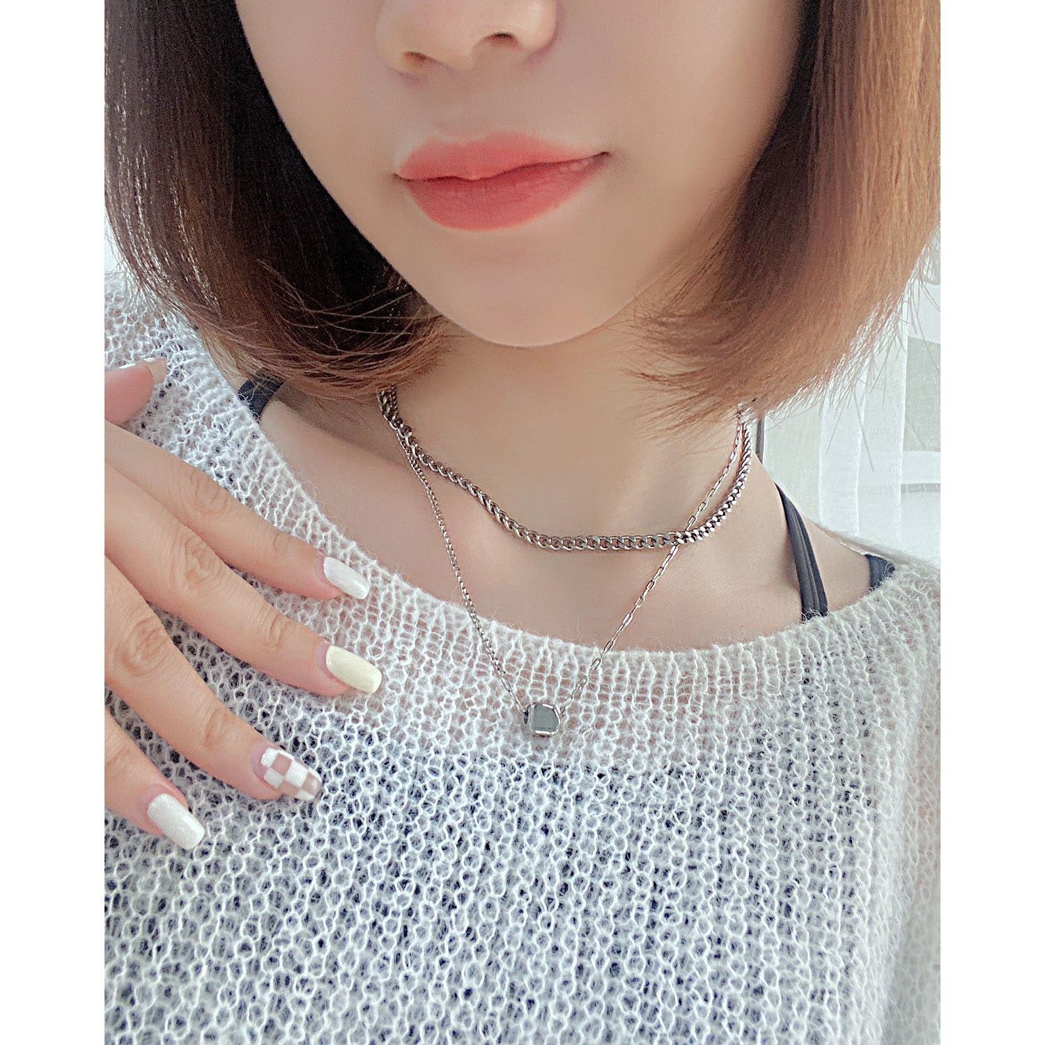 Hip-Hop Geometric Cube Pendant Fashion Stainless Steel Double Layered Necklace