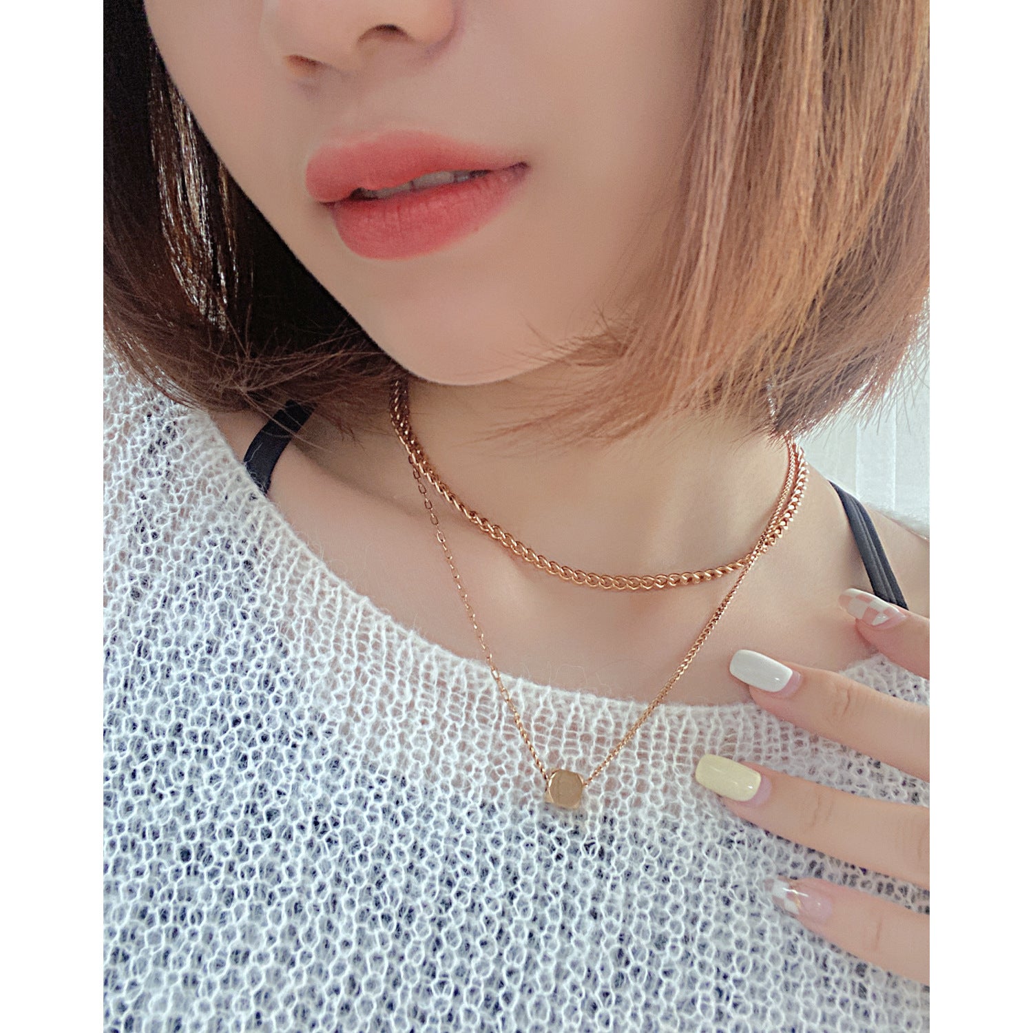 Hip-Hop Geometric Cube Pendant Fashion Stainless Steel Double Layered Necklace