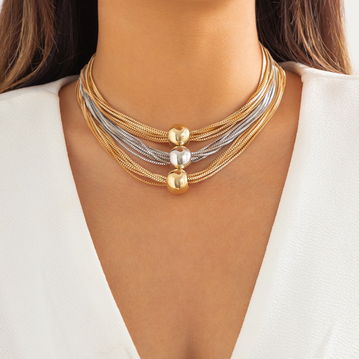Exaggerated Metal Ball Pendant Necklace Personalized Multi layered Box Chain Retro Necklace for Women