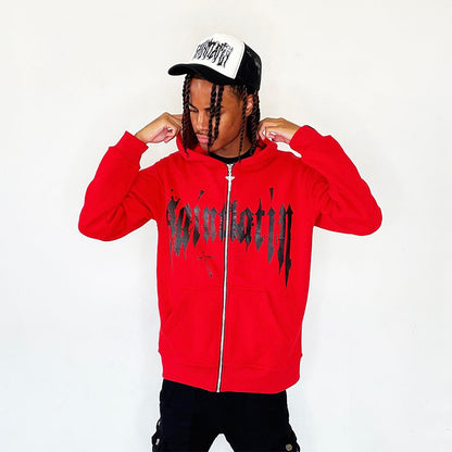Hooded Sweatshirt with Foamed Print Trendy Letter Zipper Hoodie Long Sleeve Sweatshirt
