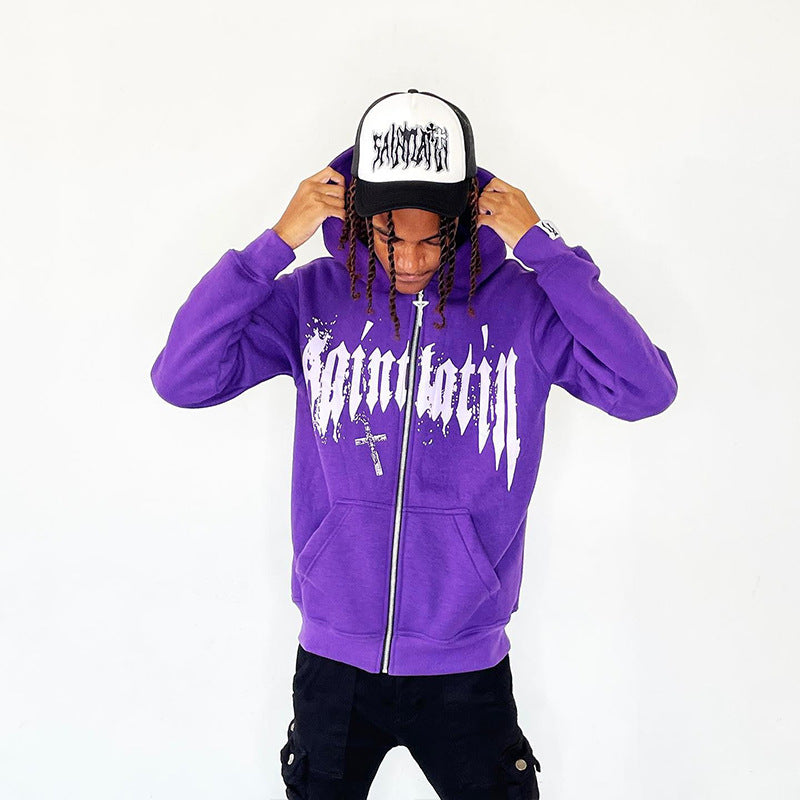 Hooded Sweatshirt with Foamed Print Trendy Letter Zipper Hoodie Long Sleeve Sweatshirt