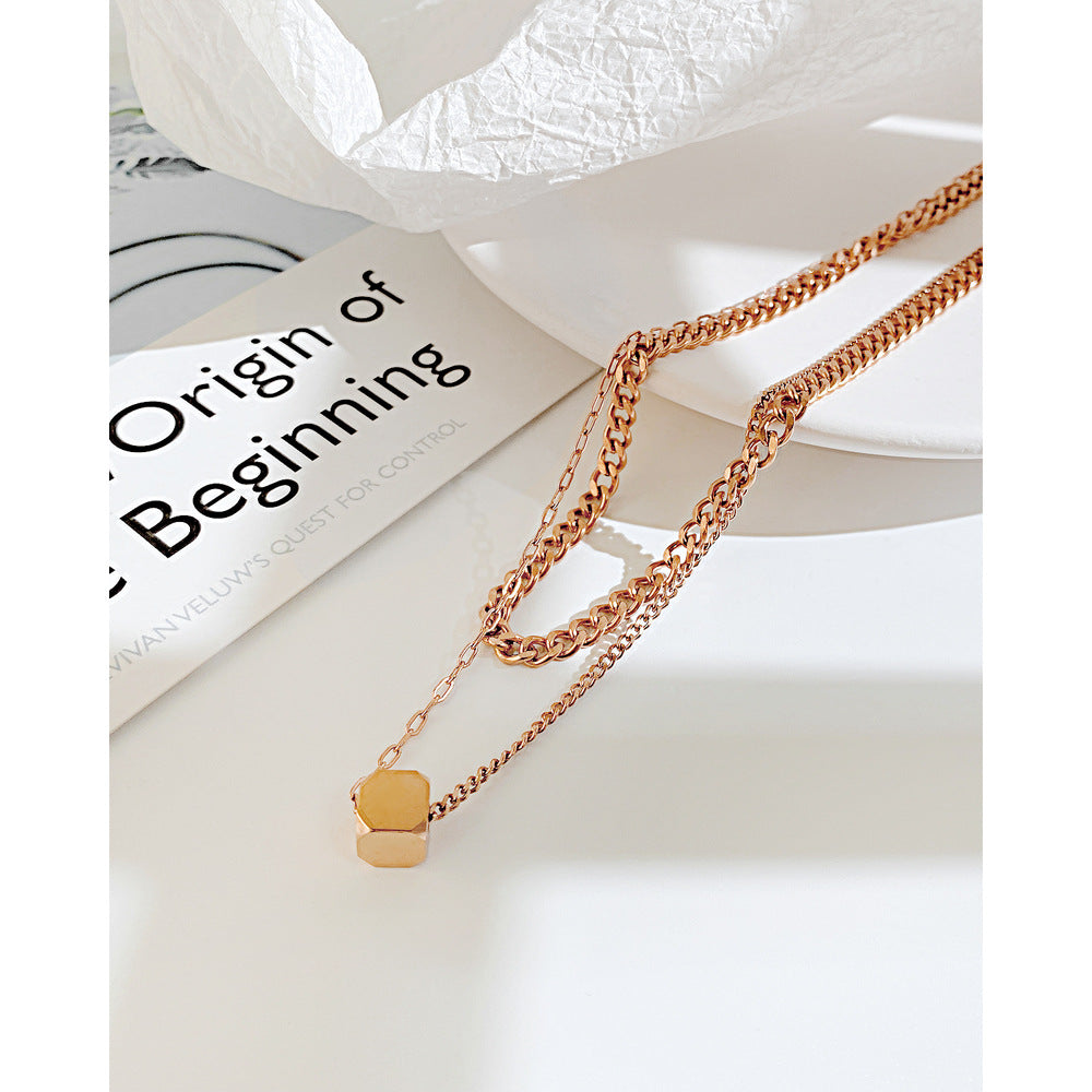 Hip-Hop Geometric Cube Pendant Fashion Stainless Steel Double Layered Necklace