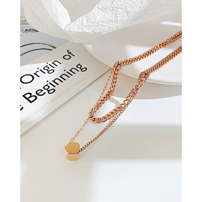 Hip-Hop Geometric Cube Pendant Fashion Stainless Steel Double Layered Necklace