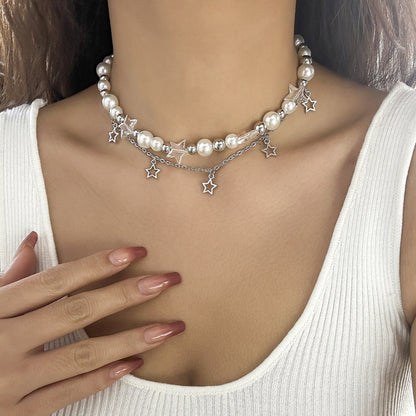 Cold style hollow out pentagram star shaped pendant with three layered necklace necklaces