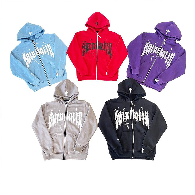 Hooded Sweatshirt with Foamed Print Trendy Letter Zipper Hoodie Long Sleeve Sweatshirt