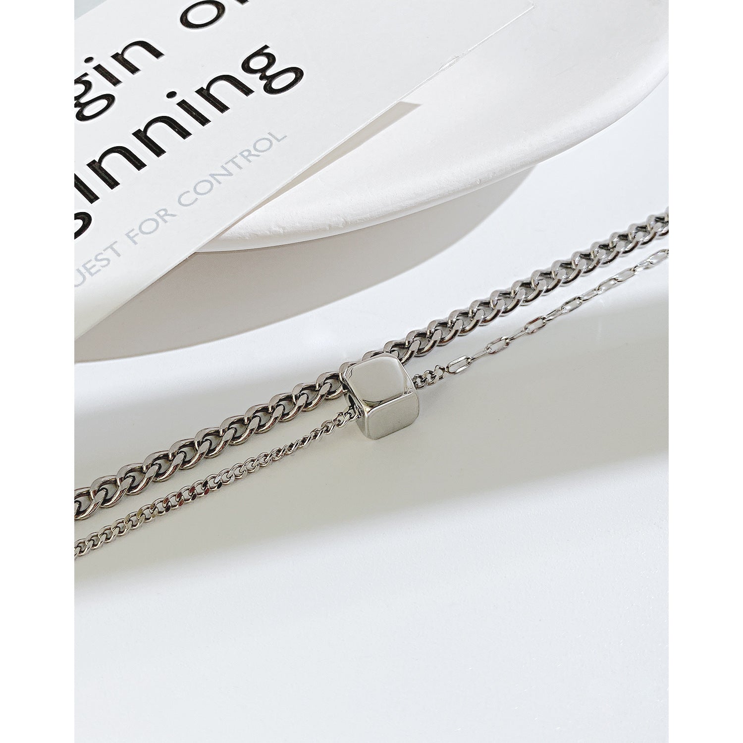 Hip-Hop Geometric Cube Pendant Fashion Stainless Steel Double Layered Necklace