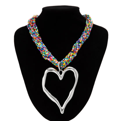 Exaggerated rice bead multi-layered heart-shaped pendant necklace personalized lava peach heart necklace accessory