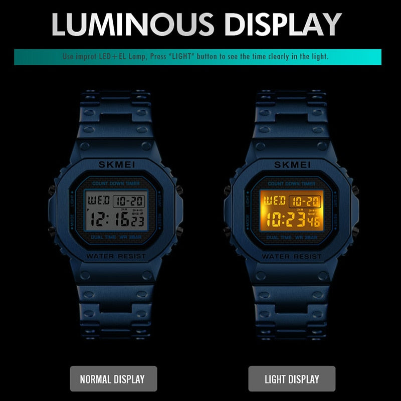 Skmei 1456 Men Digital Watch Stainless Steel Chronograph Countdown Wristwatch Shock LED Sprot Watch skmei montre homm