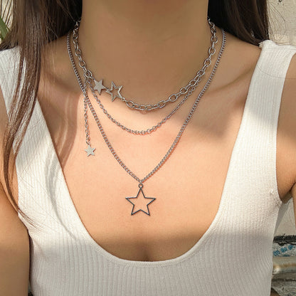 Cold style hollow out pentagram star shaped pendant with three layered necklace necklaces