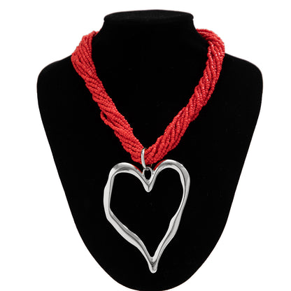 Exaggerated rice bead multi-layered heart-shaped pendant necklace personalized lava peach heart necklace accessory