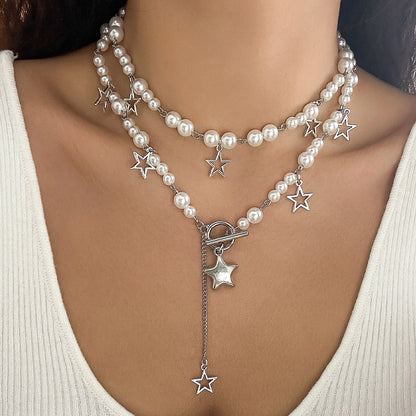 Cold style hollow out pentagram star shaped pendant with three layered necklace necklaces