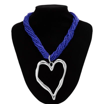 Exaggerated rice bead multi-layered heart-shaped pendant necklace personalized lava peach heart necklace accessory